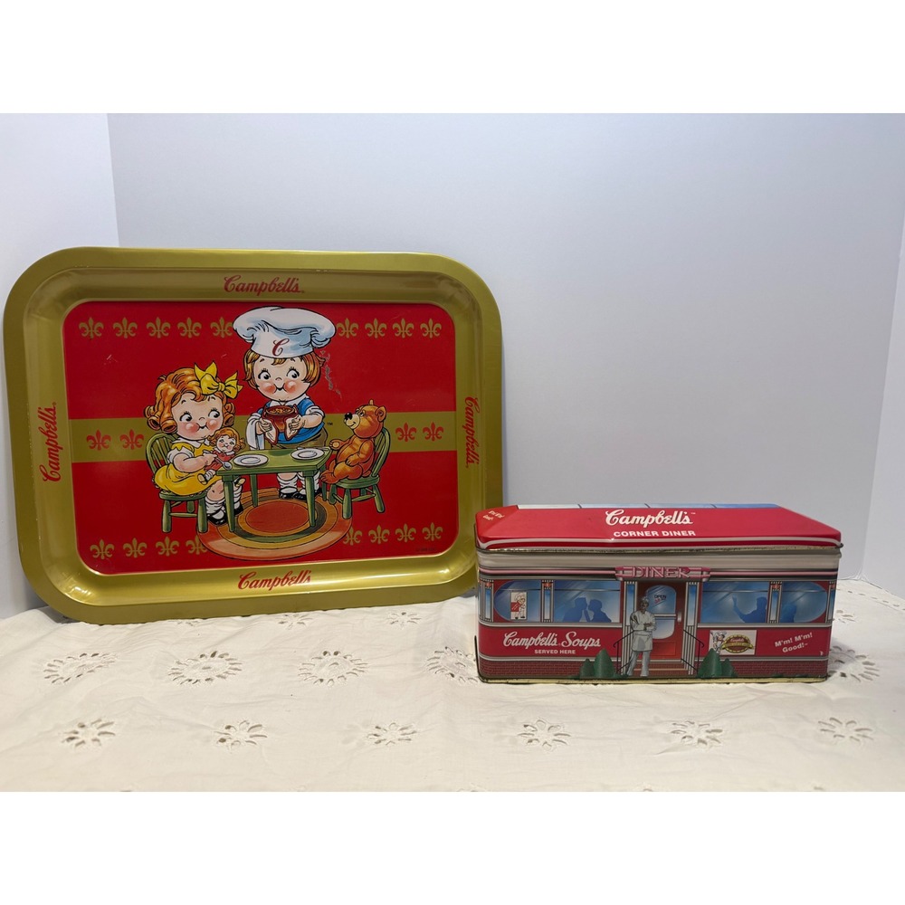 Vintage Campbells Soup Metal Serving Tray and Corner Diner Cracker Tin Set